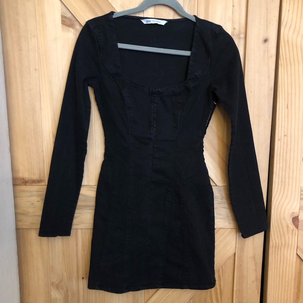 Zara Black Denim Long Sleeve Mini Dress Women’s XS